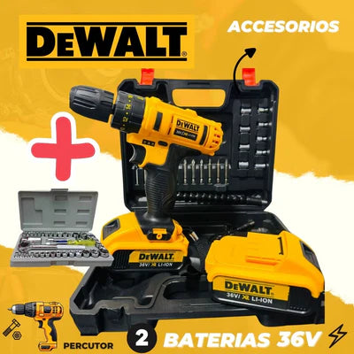 Taladro DeWalt + 2 Baterías + Kit 46 Herramientas + REGALO SOLO HOY: Kit Brocas 20 Pcs Titanio